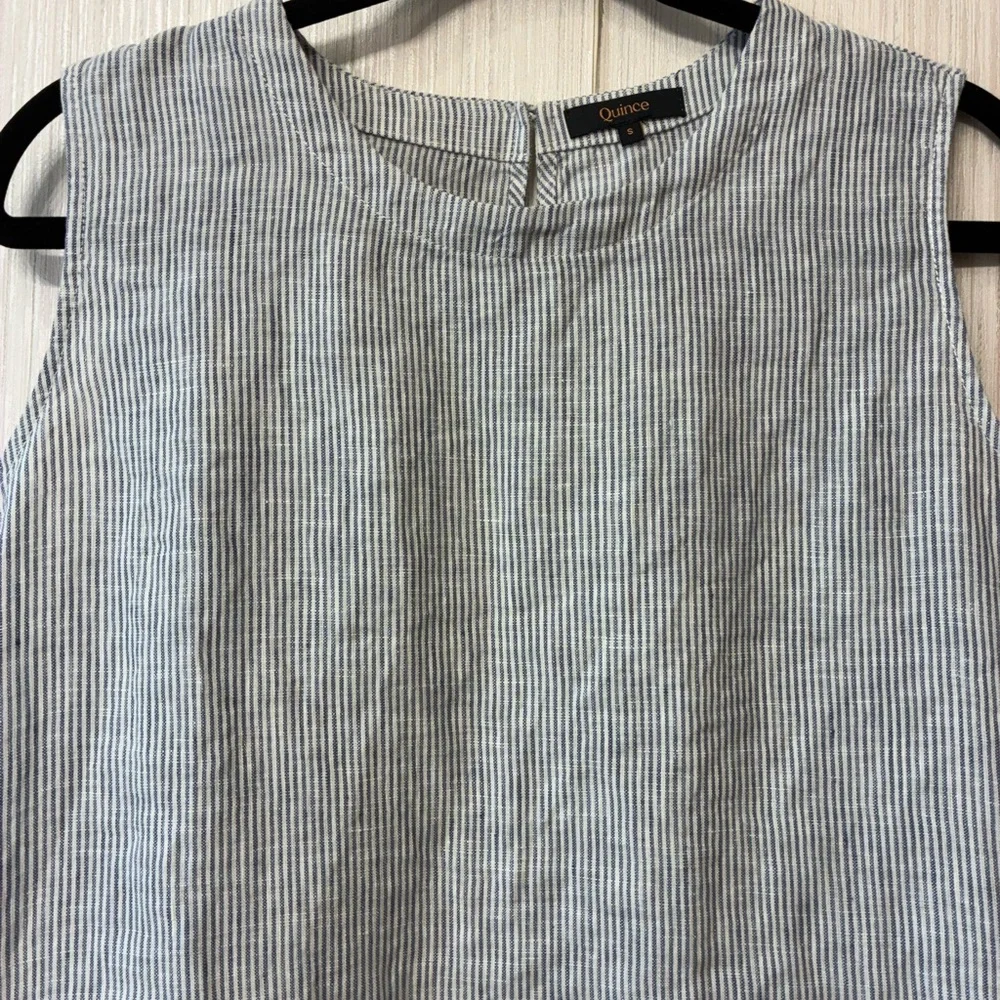 Quince Blue and White 100% Linen Boho Coastal Striped Tank Top Small - Picture 4 of 6